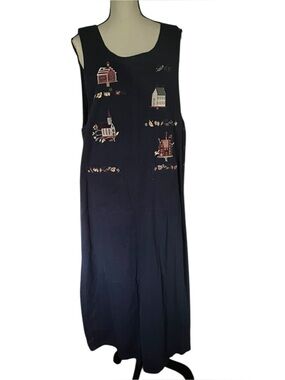 Fall theme Birdhouse/Leave garland embroidered navy jumper dress. SZ. 14